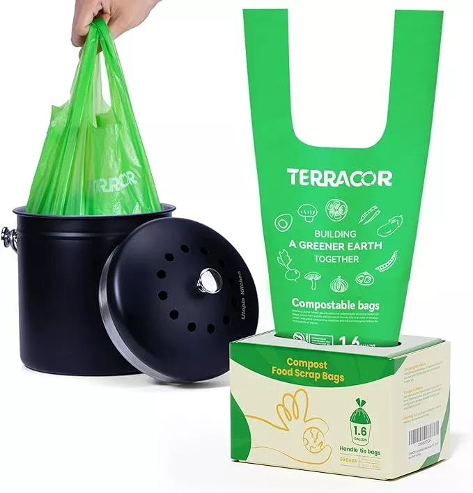 1.6 Gallon Compostable Food Scrap Bags Handle Tie for Kitchen Countertop Bin, 6 Liter Small Compost Bags, 50 Count, BPI Certified and Meet The ASTM D6400 Standard