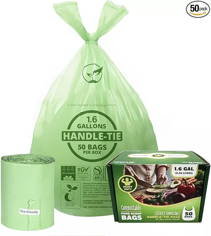 1.6 Gallon Compostable Trash Bags Drawstring, Heavy Duty Extra Thick 0.6 Mil, 6.06 Liter, 50 Bags, Small Kitchen Food Scrap Waste Bag, Unscented Pet Waste Bags, US BPI and OK Compost Home Certified
