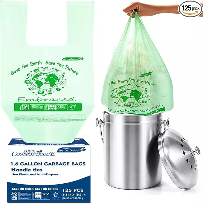 1.6 Gallon Compostable Trash Bags with Handle, 125 Count Small Compost Bags, Biodegradable Kitchen Garbage Bags, Food Scrap Waste Bags for Countertop Bin, ASTM D6400, US BPI Certified