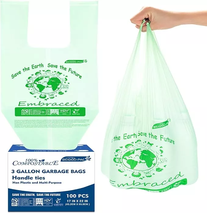 100% Compostable Trash Bags, 3 Gallon Compost Bags Small Kitchen Trash Bags with Handle, 200 Count Sturdy Biodegradable Garbage Bags Food Scrap Waste Bags, ASTM D6400, US BPI Certified
