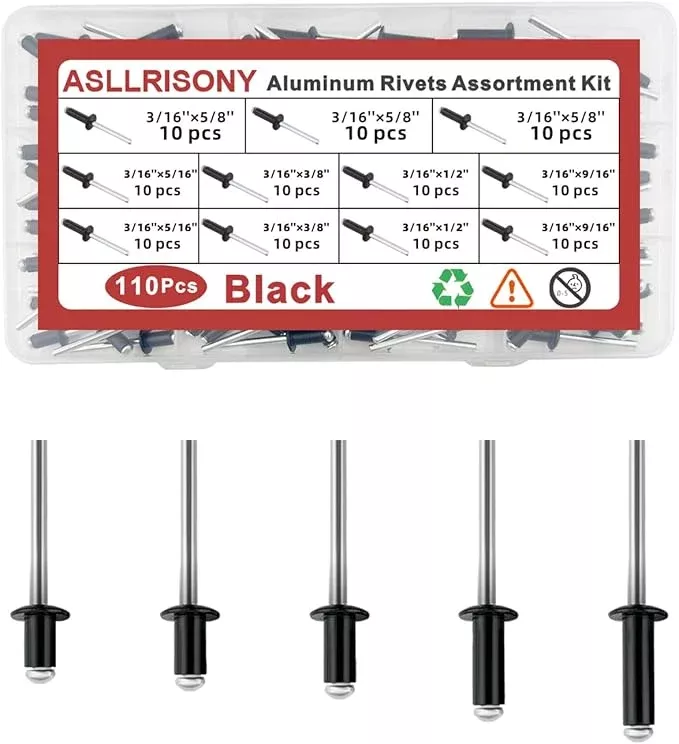 110Pcs Black 3/16" Pop Rivets Assortment Kit,5 Sizes Aluminum Rivets,Aluminum blind pro Rivets for DIY/Metal/Furniture/Instruments