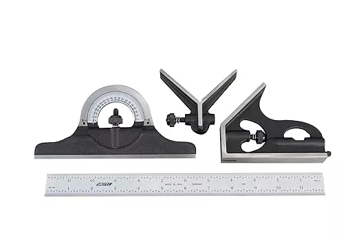 12-Inch Machinist Combination Square – 16R Graduation (1/32", 1/64", 1/50", 1/100") with Adjustable Head and Spirit Level, Made in US
