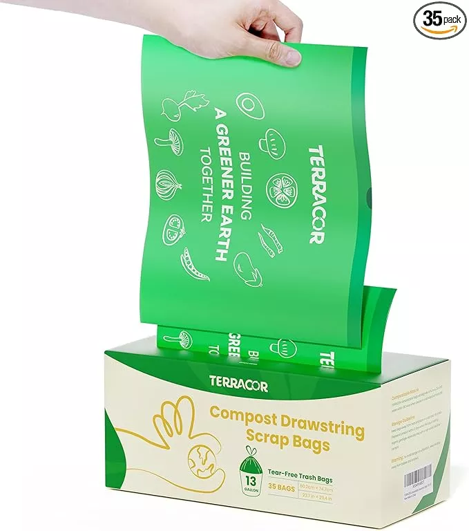 13 Gallon Compost Drawstring Kitchen Waste Bag, 49.2 Liter, 35 Count,1 Mil, Heavy Duty Food Scrap Bags