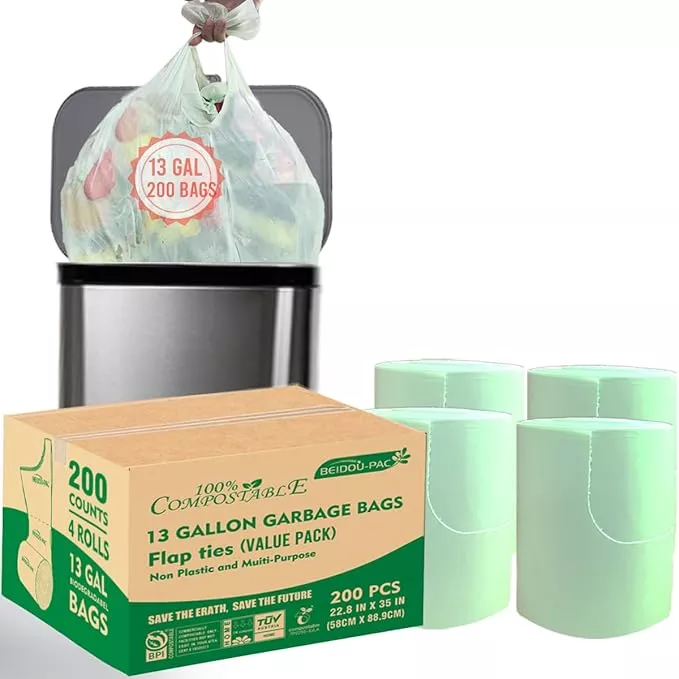 13 Gallon Flap Tie Compostable Trash Bags, 200 Count, Compost Bags Tall Kitchen Trash Bags, Sturdy Biodegradable Garbage Bags Food Scrap Waste Bags, ASTM D6400, US BPI Certified, Green