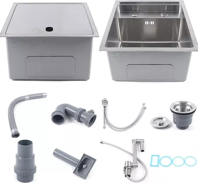 15-inch Hidden RV Bar Kitchen Sink with Folding Faucet, Cover, Drain Pipe and Strainer Full Set, Small Stainless Steel Sink for Workstation, RV, Prep Kitchen and Bar(Silver)