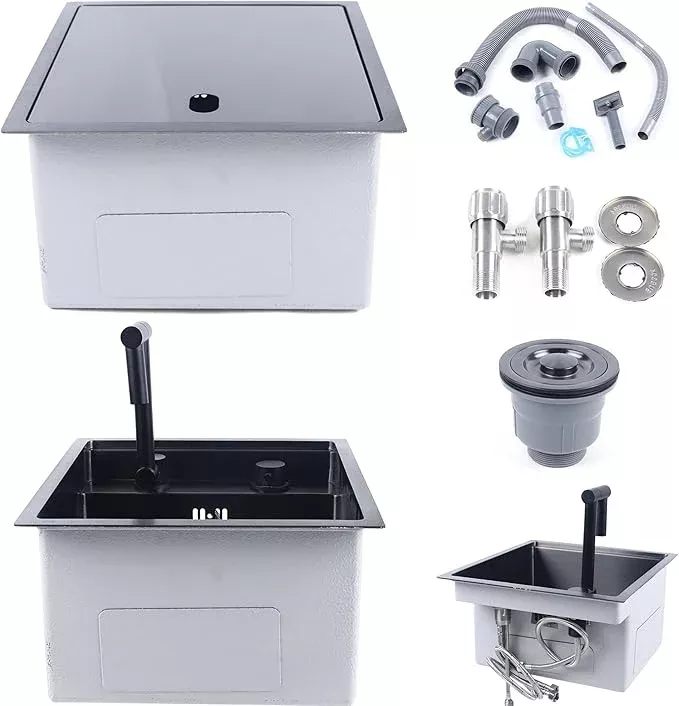 15-inch Hidden RV Kitchen Bar Sink with Folding Faucet, Cover, Drain Pipe and Strainer Full Set, Small Stainless Steel Prep Sink for Workstation, RV, Kitchen and Bar(Black)