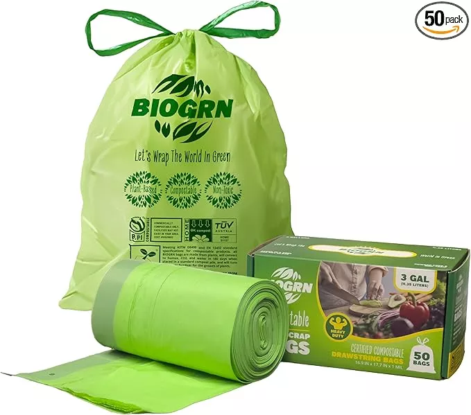 2.6-3 Gallon Compostable Trash Bags Drawstring 50 Bags Heavy Duty Extra Thick 1 Mil 11.36 Liter Small Kitchen Food Scrap Waste Compost Bag ASTM D6400, US BPI and OK Compost Home Certified