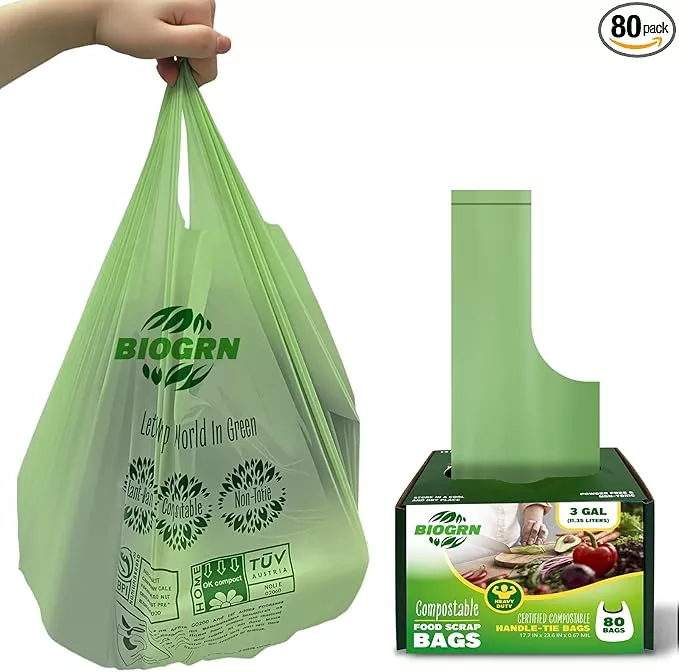 2.6-3 Gallon Compostable Trash Bags with Handles 80 Count 0.67 Mil 11.36 L Small Kitchen Food Scrap Waste Compost Bag ASTM D6400 US BPI and OK Compost Home Certified