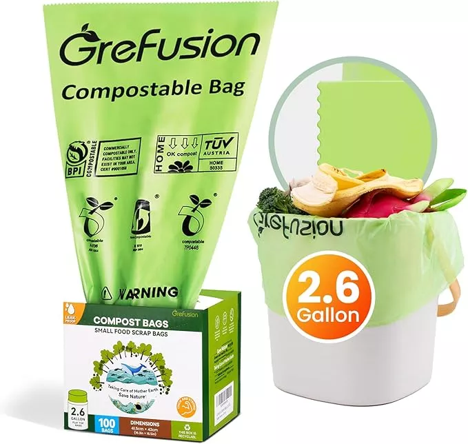 2.6 Gallon Compostable Trash Bags, 100 Count, Extra Thick 0.71 Mil, Certified by BPI and ASTM D6400, Perfect Fit for Small Trash Cans