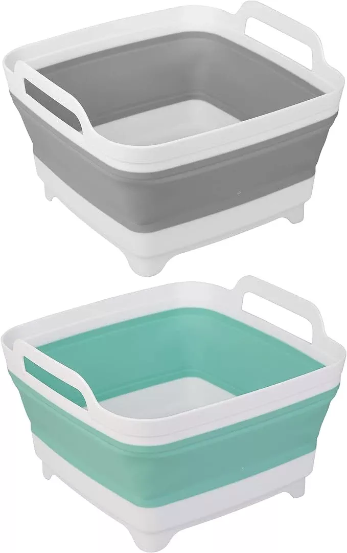 2 Pack Dishpan for Washing Dishes, 2.4Gal/9L Wash Basin with Draining Plug Carry Handles, Collapsible Bucket for Cleaning, Portable Sink, Foldable Plastic Tub