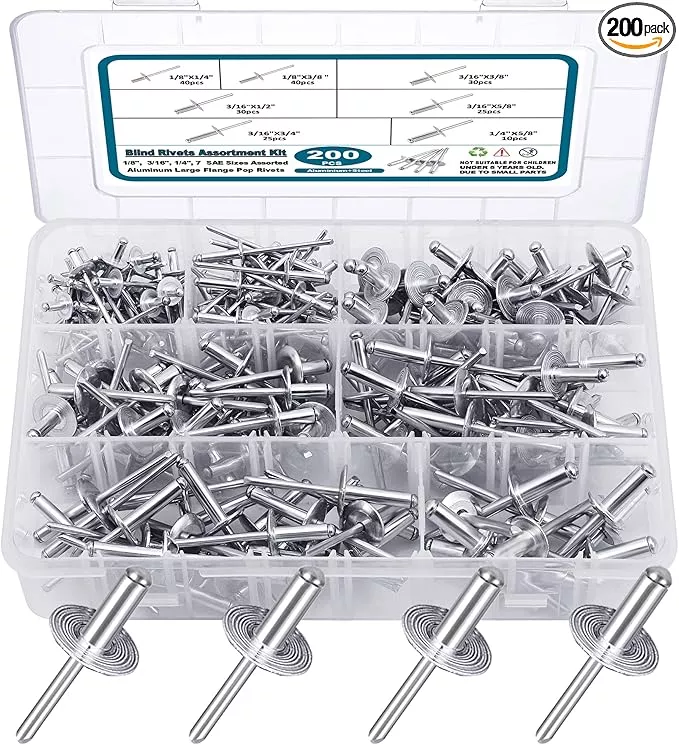 200PCS Pop Rivets Assortment Kit, Large Flange Aluminum Rivets(1/8" 3/16" 1/4") Assorted Blind Rivets with Case