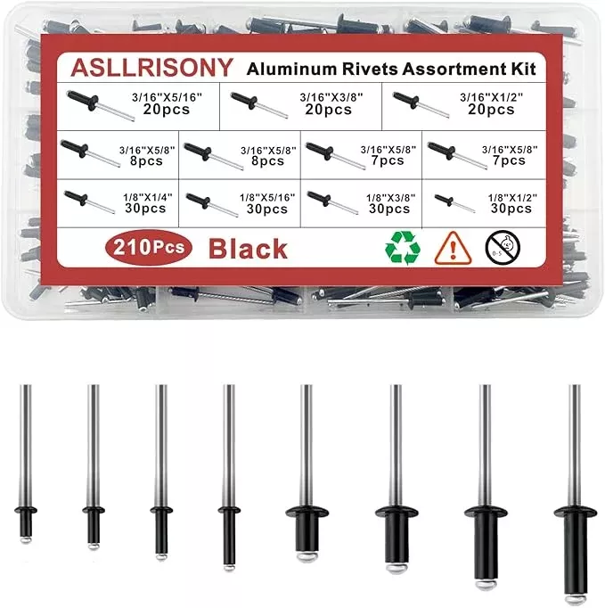 210Pcs Black 3/16'',1/8'' Pop Rivets Assortment Kit, 8 Sizes Aluminum Rivets,Aluminum blind rivets for metal Dome Head rivet kit