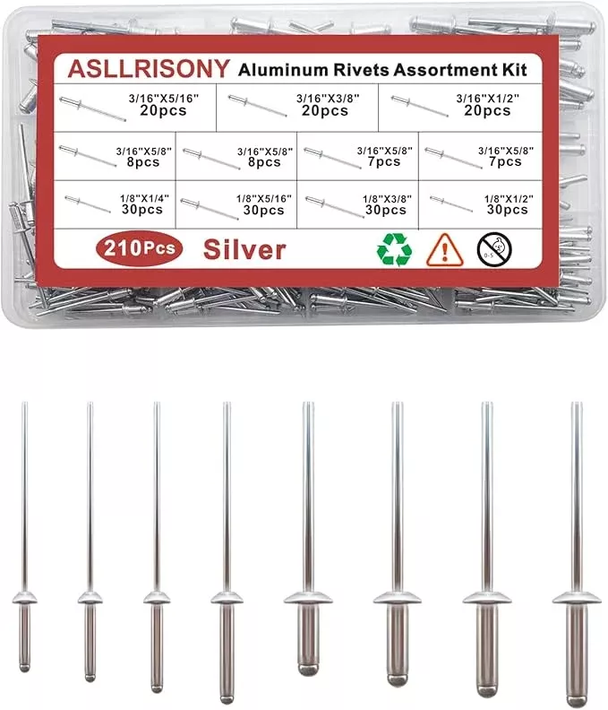 210Pcs Silver 3/16'',1/8'' Pop Rivets Assortment Kit, 8 Sizes Aluminum Rivets,Aluminum blind rivets for metal Dome Head rivet kit