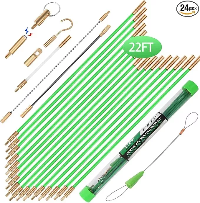 22FT Fiberglass Running Electrical Wire Cable Glow Rods Wire Pulling, Fish Rods Electrical Kit with 8 Different Attachments and Fish Tape Wire Puller Kit