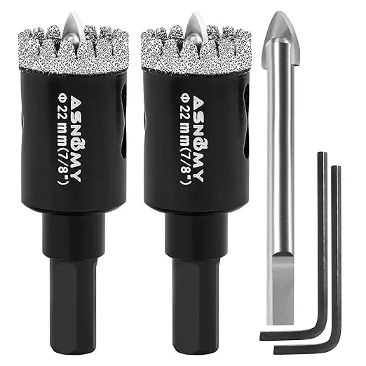2Pcs 7/8 Inch Diamond Hole Saw with Pilot Drill Bit, 7/8" Serrated Brazing Tile Hole Saw Diamond Core Drill Bits with Guiding Bit for Ceramic Porcelain Tile Glass Stone Granite Marble