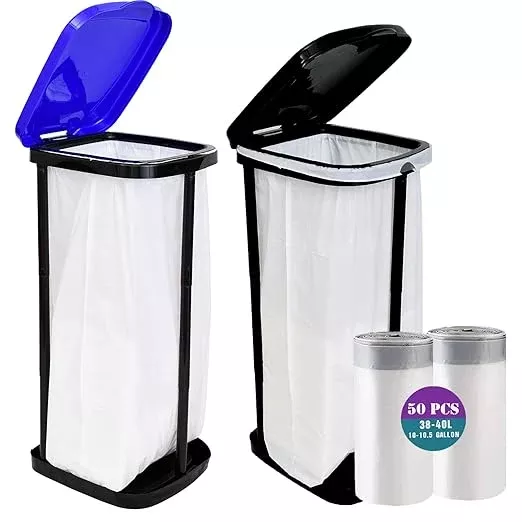 2PCS Portable Trash Bag Holder Collapsible Trash can with 50 PCS Drawstring Trash Bags | Expandable Outdoor Waste Bins Camping Accessories for Indoor Outdoor RV Picnic Kitchen | Blue & Black