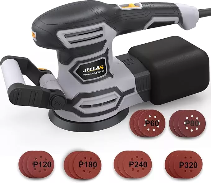 3.8A(450W) Orbital Sander, Jellas 6 Variable Speeds Double Handle Random Orbit Sander, 5-Inch Electric Sander with 18pcs Sandpapers, Dust Collector, Ideal Power Sander for Woodworking(OS450)