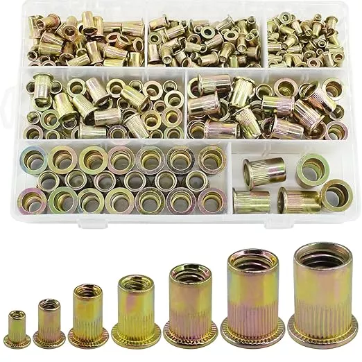 300pcs Metric Rivet Nut Assortment Kit，M3 M4 M5 M6 M8 M10 M12 Flat Head Rivnut Set, Metric Carbon Steel UNC Nutserts Rivnut, Zinc Plated, Flat Head Insert Nut Assort