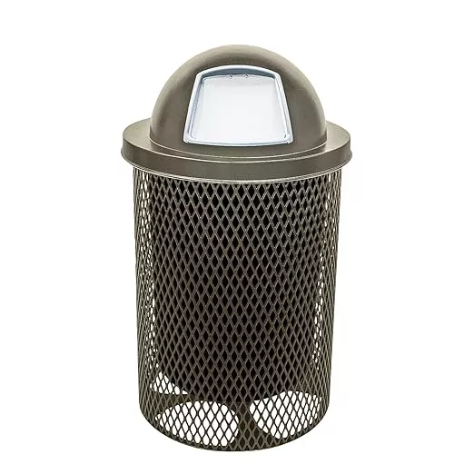 32-Gallon Heavy-Duty Expanded Metal Round Trash Receptacle, Commercial Outdoor Waste Bin with Liner & Dome Lid – Made in America (Textured Yellow)