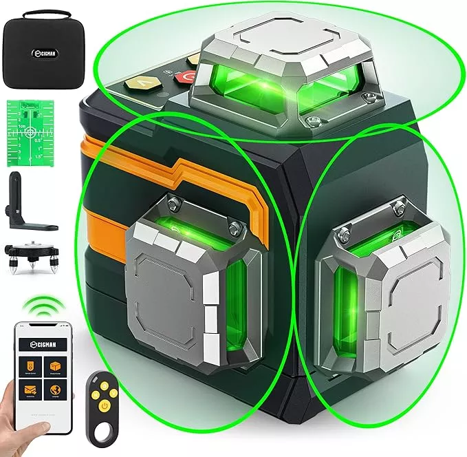 3x360° Laser Level with Remote&APP Control, CIGMAN Green Self Leveling Cross Line Laser for Construction and Picture Hanging, 3D Vertical/Horizontal Line, Magnetic Rotating Stand Included, CM-S01