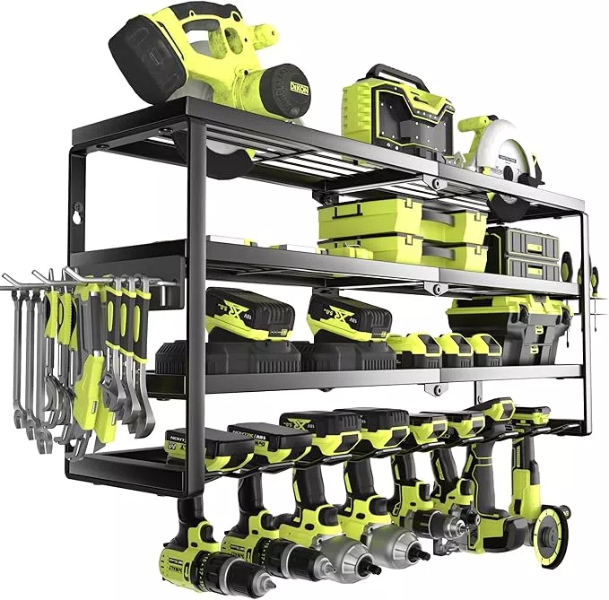 4 Layer Power Tool Organizer Wall Mount, Battery Tools Holder with Charging Station Shelf, Cordless Drill Hanger Storage Rack for Garage Organization, Workshop, Pegboard - 24 Inch 6 Slots