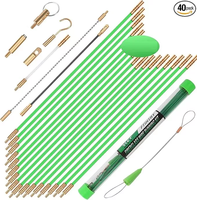 45FT Fiberglass Running Electrical Wire Cable Glow Rods Wire Pulling, Fish Rods Electrical Kit with 8 Different Attachments and Fish Tape Wire Puller Kit