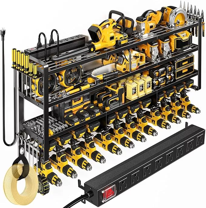 49.5" W Large Power Tool Organizer Wall Mount with Charging Station, 4-Tier Heavy Duty12 Cordless Drills Holder Load 600 lb, Tool Battery Storage Rack Built in 8 Outlet Power Strip for Garage