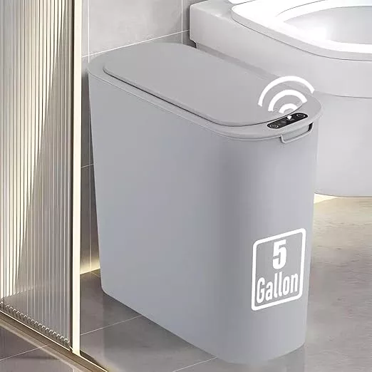 5 Gallon Motion Senor Bathroom Trash Can with Lid, Automatic Garbage Can Touchless, Smart Plastic Waste Basket for Narrow Spaces, Bathroom, Office, Bedroom, Living Room (Black)