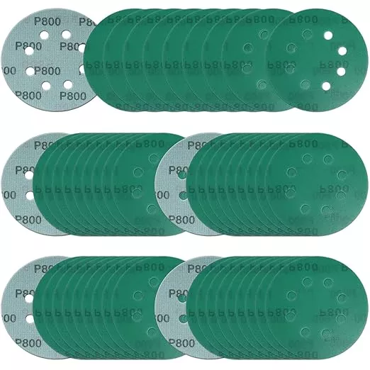 5 Inch 8 Hole Sanding Discs, 50 Pcs Wer Dry Sandpaper 800 Grit Hook and Loop Green Polyester Film Backed Sanding Disc for Random Orbital Sander Wood Car Metal Plastic (800 Grit, 50 Pack)