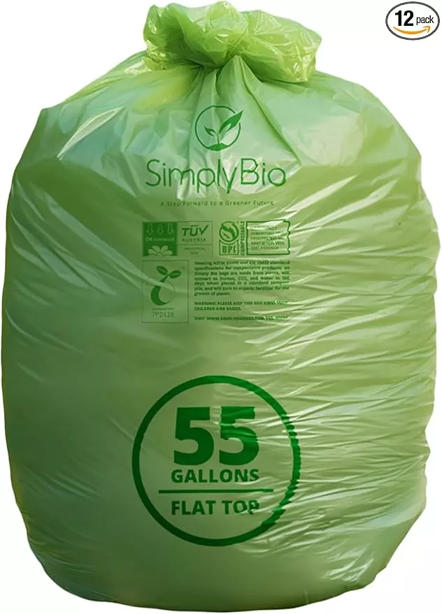 50-55 Gallon Compostable Trash Bags Flat-Top, Heavy Duty Extra Thick 1.57 Mil, 208.2 Liter, 12 Bags, Large Lawn and Yard Waste Bag, ASTM D6400, US BPI and OK Compost Home Certified