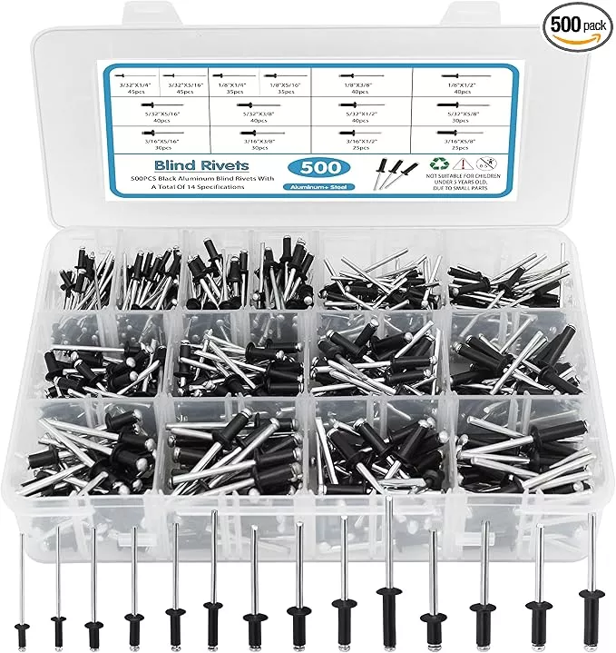 500pcs Black Rivets Pop Rivets Assortment Kit, 14 SAE Sizes Aluminum Rivets (3/32" 1/8" 5/32" 3/16"), Assorted Blind Rivets with Reinfored Divider & Labeled Case for Storage