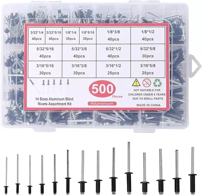 500pcs Pop Rivets Assortment Kit,14 Sizes Aluminum Rivets,Blind Rivets set,including 3/32" 1/8" 5/32" 3/16",metal Dome Head rivets Assortment kit with labels Storage boxes (Black)