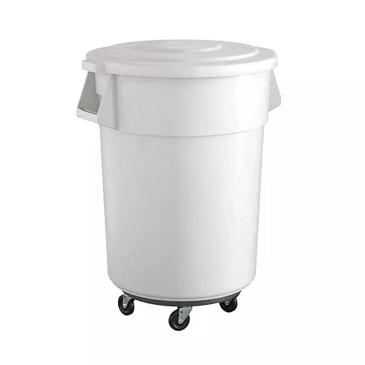 55 Gallon White Round Commercial Trash Can with Lid and Dolly