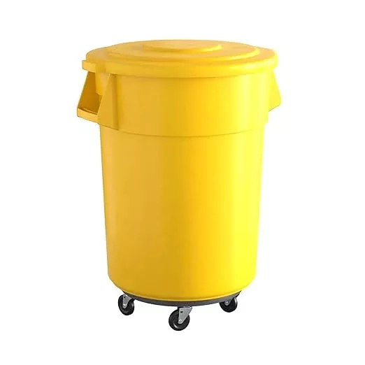 55 Gallon Yellow Round Commercial Trash Can with Lid and Dolly
