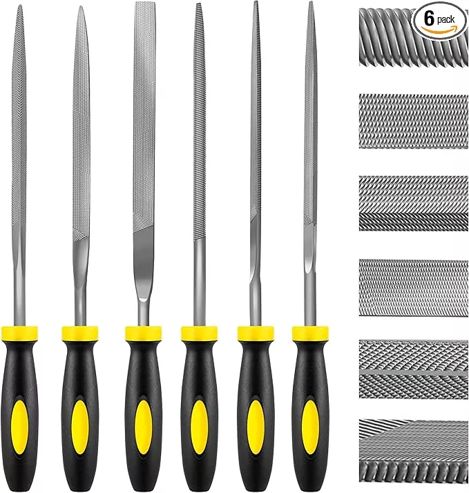 6-Piece Metal Needle File Set - Hardened Alloy Steel Includes Flat, Warding, Square, Triangular, Round, and Half-Round Files