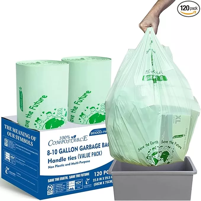 8-10 Gallon Compostable Trash Bags, 120 Count, Compost Bags Kitchen Trash Bags with Handle, Sturdy Biodegradable Garbage Bags Food Scrap Waste Bags, ASTM D6400, US BPI Certified