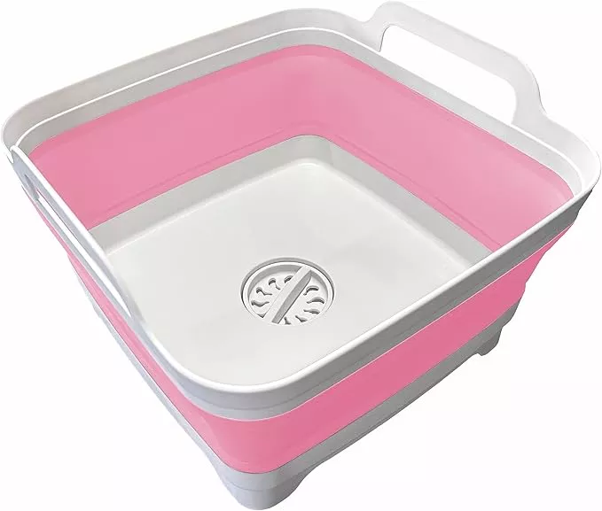 9L (2.4Gal Dish Basin Collapsible with Drain Plug Carry Handles , Space Saveing Kitchen Storage Tray Dish Wash Basin, Portable Dish Tub for Camping ,RV,Pink