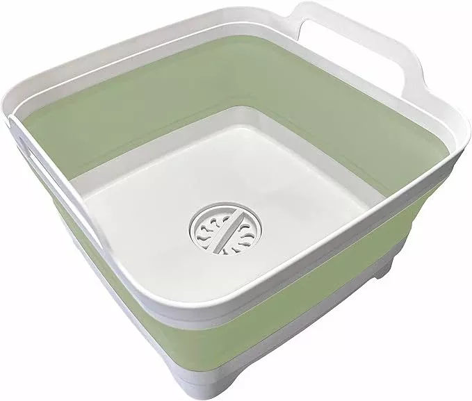 9L (2.4Gal) Dish Basin Collapsible with Drain Plug , Space Saveing Kitchen Storage Tray Dish Wash Basin, Portable Dish Tub, Foldable Dishpan for Camping ,RV,Green