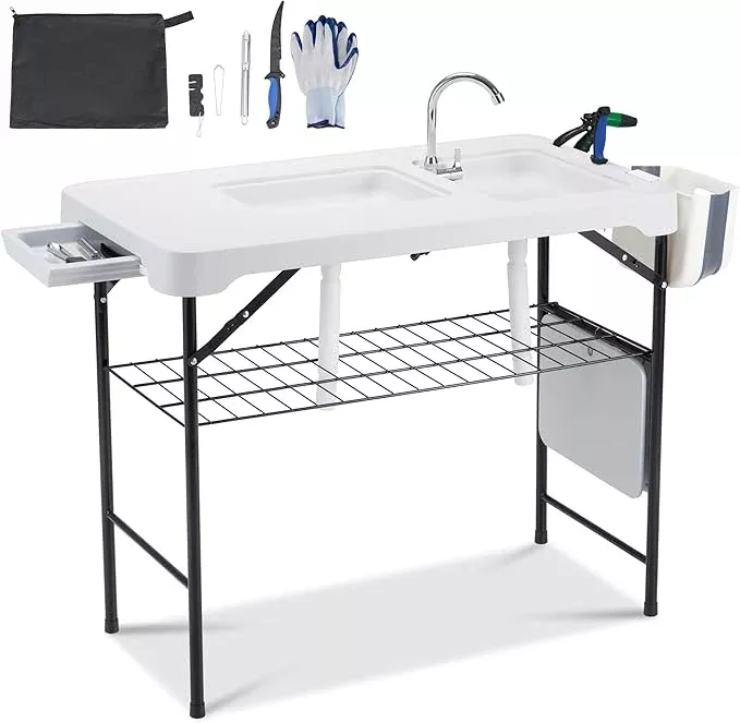 AHB 42'' Outdoor Fish Cleaning Table Portable Camping Sink Station with Double Sinks, Collapsible Swivel Faucet, Picnic Sink Table with 6pc Fish Cleaning Kit for Picnic Beach Patio