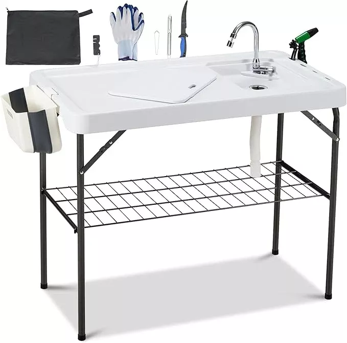 AHB 42" Outdoor Sink Fish Cleaning Table Portable Camping Table with Faucet Hose Hook Up Grid Rack, Fish Fillet Camping Sink Table with 7pc Fish Cleaning Kit for Picnic Beach Patio
