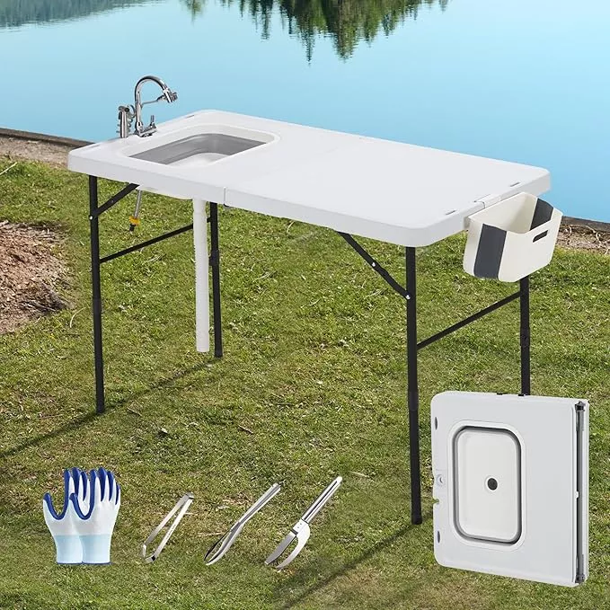 AHB 50" Folding Outdoor Fish Cleaning Table with Sink, Camping Kitchen Station Collapsible Faucet & Stainless Sprayer with 4pcs Fish Cleaning Kit for Camping, Picnic, Beach & Patio