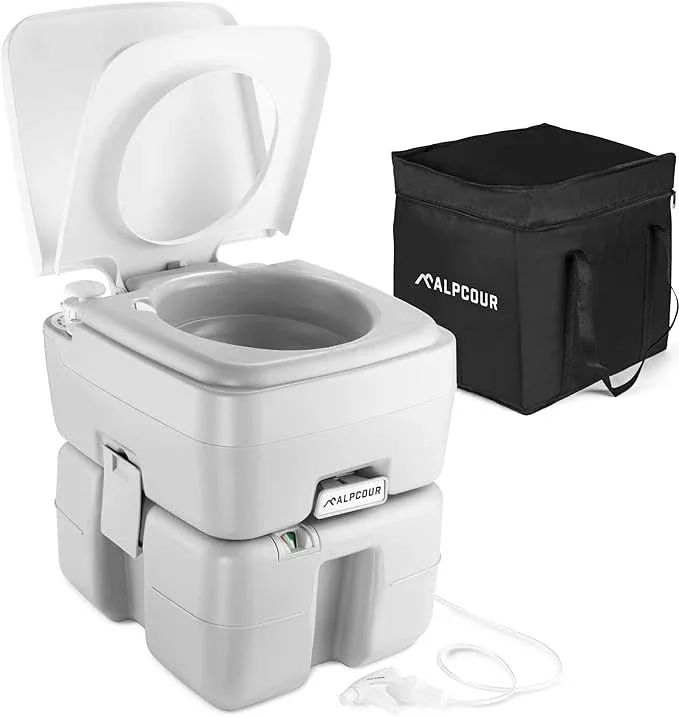 Alpcour Portable Toilet – Compact Indoor & Outdoor Commode w/Travel Bag for Camping, RV, Boat – Piston Pump Flush, 6 Gallon Waste Tank, Built-In Pour Spout & Washing Sprayer for Easy Cleaning