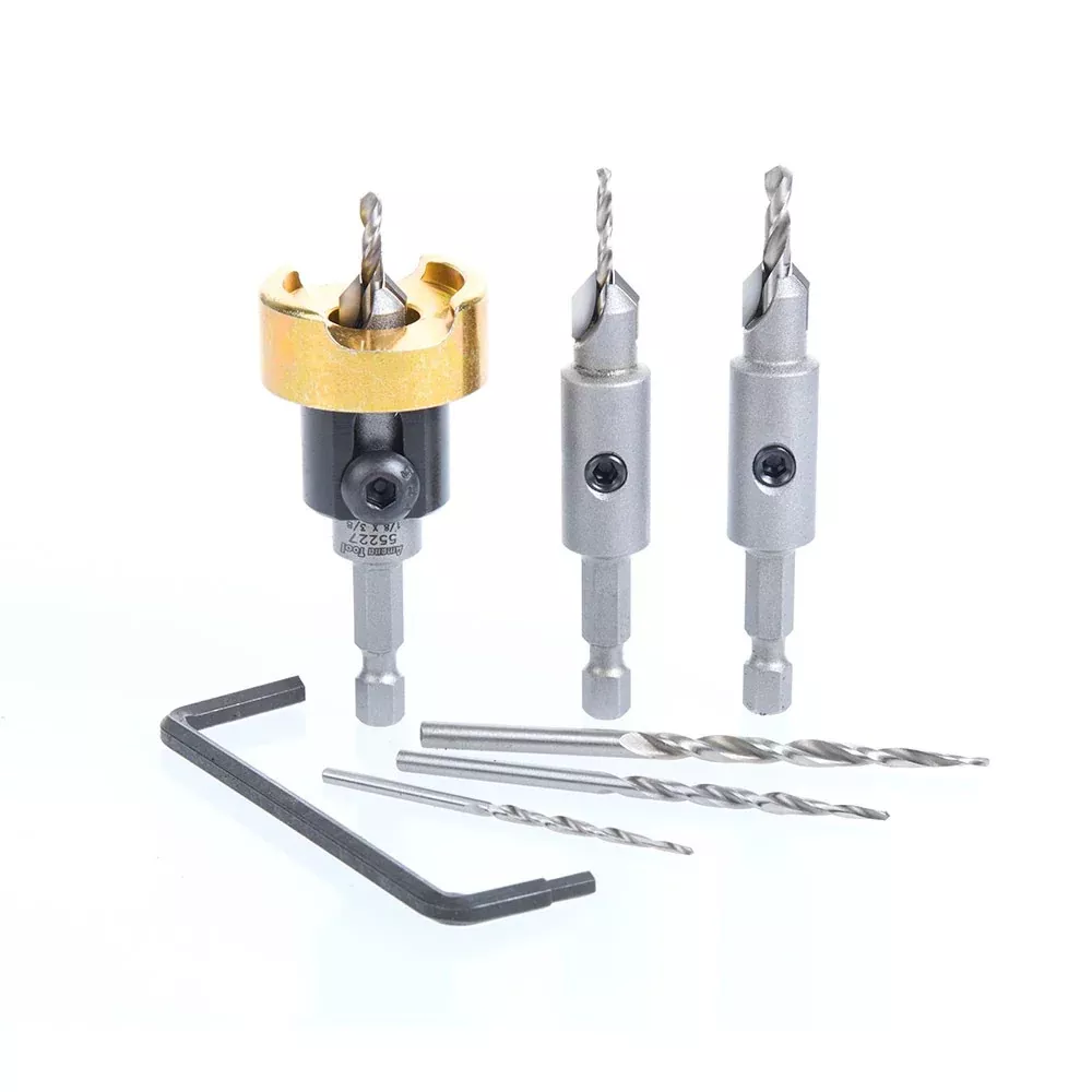 Amana Tool 6-Pc Carbide Tipped Countersink with Adjustable Depth Stop and No-Thrust, No-Mar Ball Bearing Set with Quick Release Shank AMS-628-T