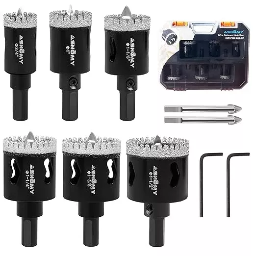 ASNOMY 8Pcs Diamond Hole Saw with Pilot Drill Bit Set, 3/4"-1-1/2" Serrated Brazing Tile Hole Saw Diamond Core Drill Bits with Guiding Bit for Ceramic Porcelain Tile Glass Stone Granite Marble