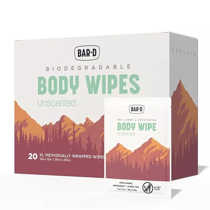 Bar-D Cleansing Face & Body Wipes for Women and Men - Individually Wrapped Biodegradable Shower Wipes with Tea Tree Oil & Aloe Vera (20 Count/Box)