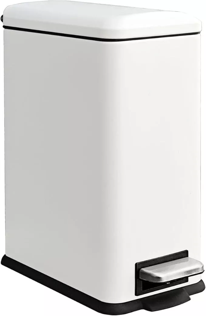 Bathroom Trash Can, 2.6 Gallon Trash Can with Lid, Stainless Steel Pedal Trash Bin with Removable Liner for Bathroom, Bedroom, Kitchen, Office,10 Liter White Garbage Can