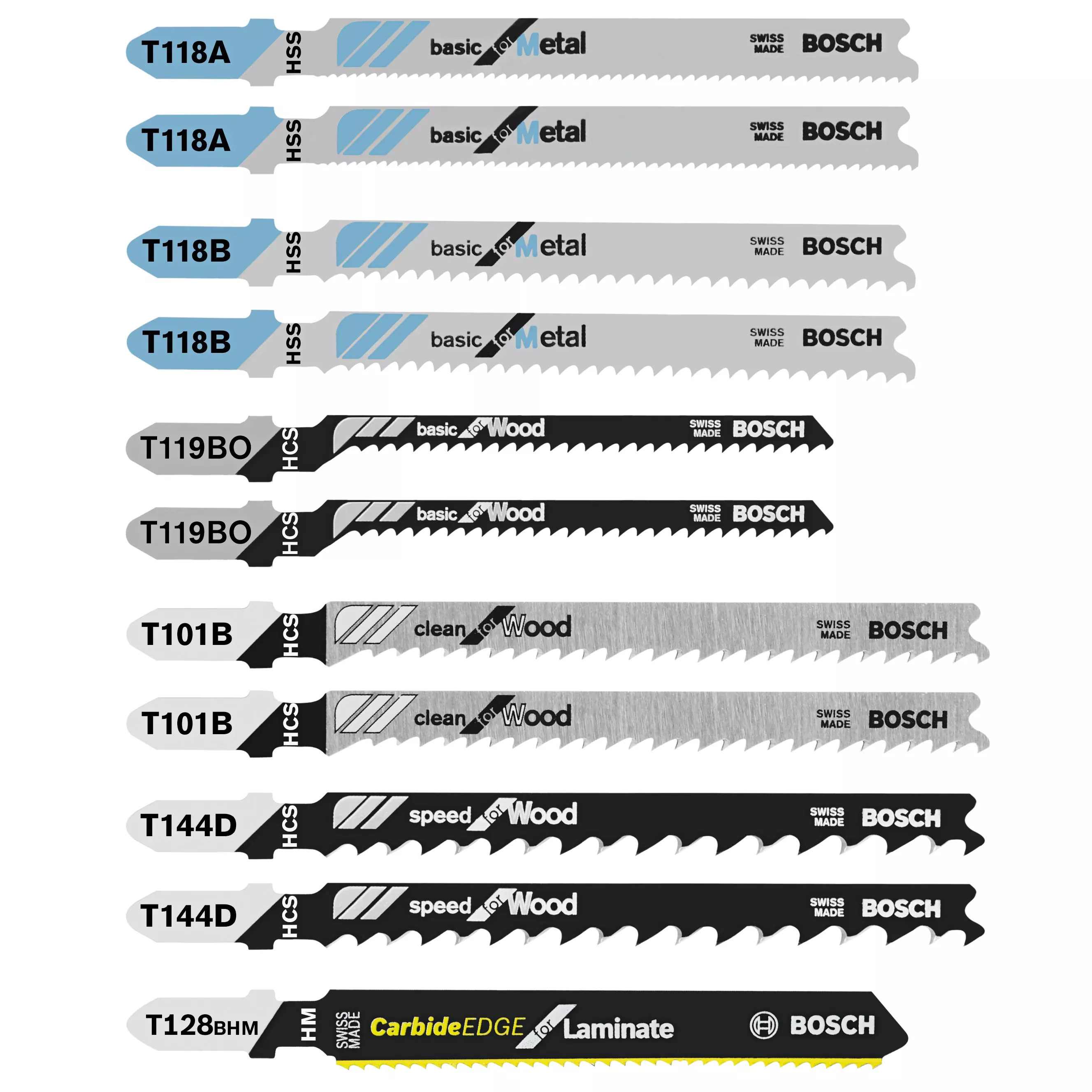 Bosch 11 pc T-Shank Jigsaw Blade Set, Laminate/Wood/Metal T11C