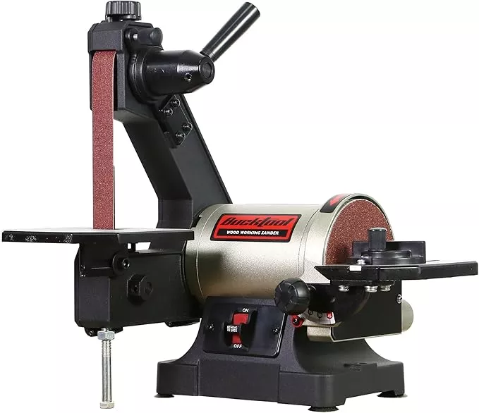 Bucktool 1x30 Inch Bench Belt Sander with 5 Inch Disc with Wrench Storage and Easy Belt Cover Off, 1/3HP Direct Drive Benchtop Belt Disc Sander