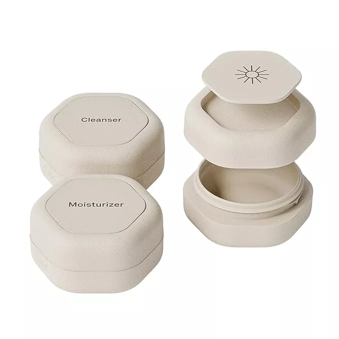 Cadence Travel Containers Basic Skincare Set - Magnetic Containers with Lids,Carry On Travel Essentials For Women/Men - 3 Small Capsules (0.56oz) - Cleanser, Moisturizer & Sun-Icon Labels - Evergreen