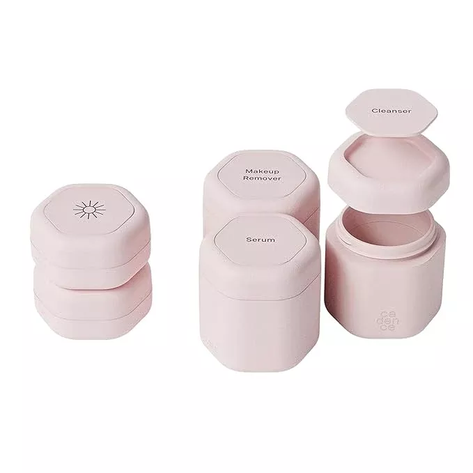 Cadence Travel Containers - Core Skincare Set - Magnetic Containers with Lids,2 Small (0.56oz) & 3 Medium (1.32oz) - Cleanser, Moisturizer, Serum, Makeup Remover & Sun Icon Labels - Evergreen